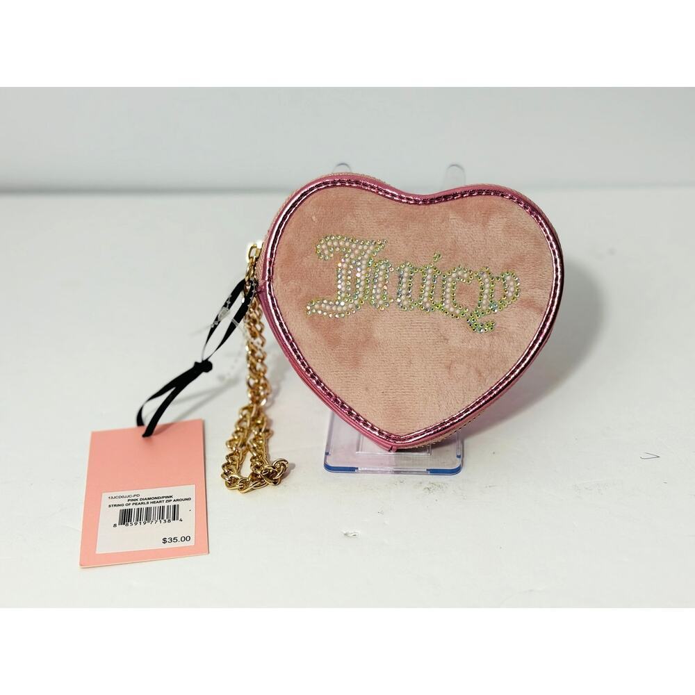 Juicy Couture Heart Wristlet Pink Rhinestone Logo Chain Bag